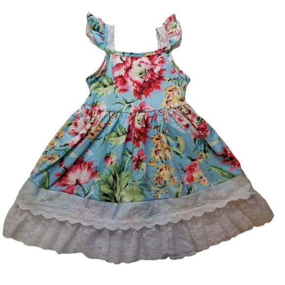 FLORAL Jersey Knit Tiered Dress Girls Small Blue Red Eyelet Lace trim Spring - Picture 1 of 3